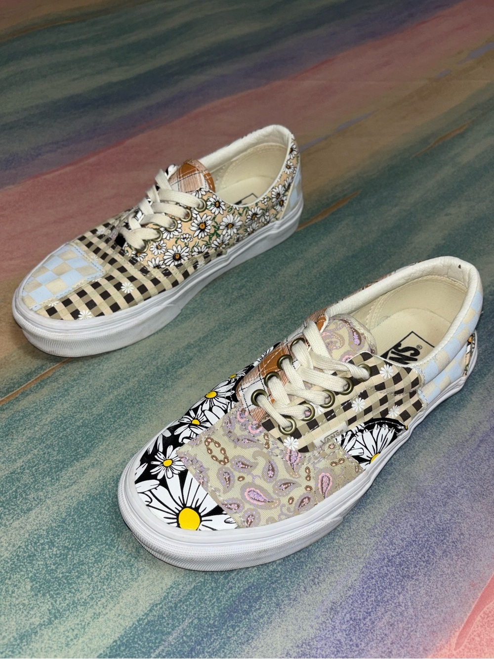 Vans Era Shoes Womens Size 8 Patchwork Daisy Floral Checkered Canvas Sneakers
